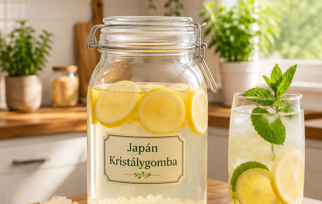 Japanese Crystal Mushroom in a jar with water, lemon and mint, next to a finished drink in a glass