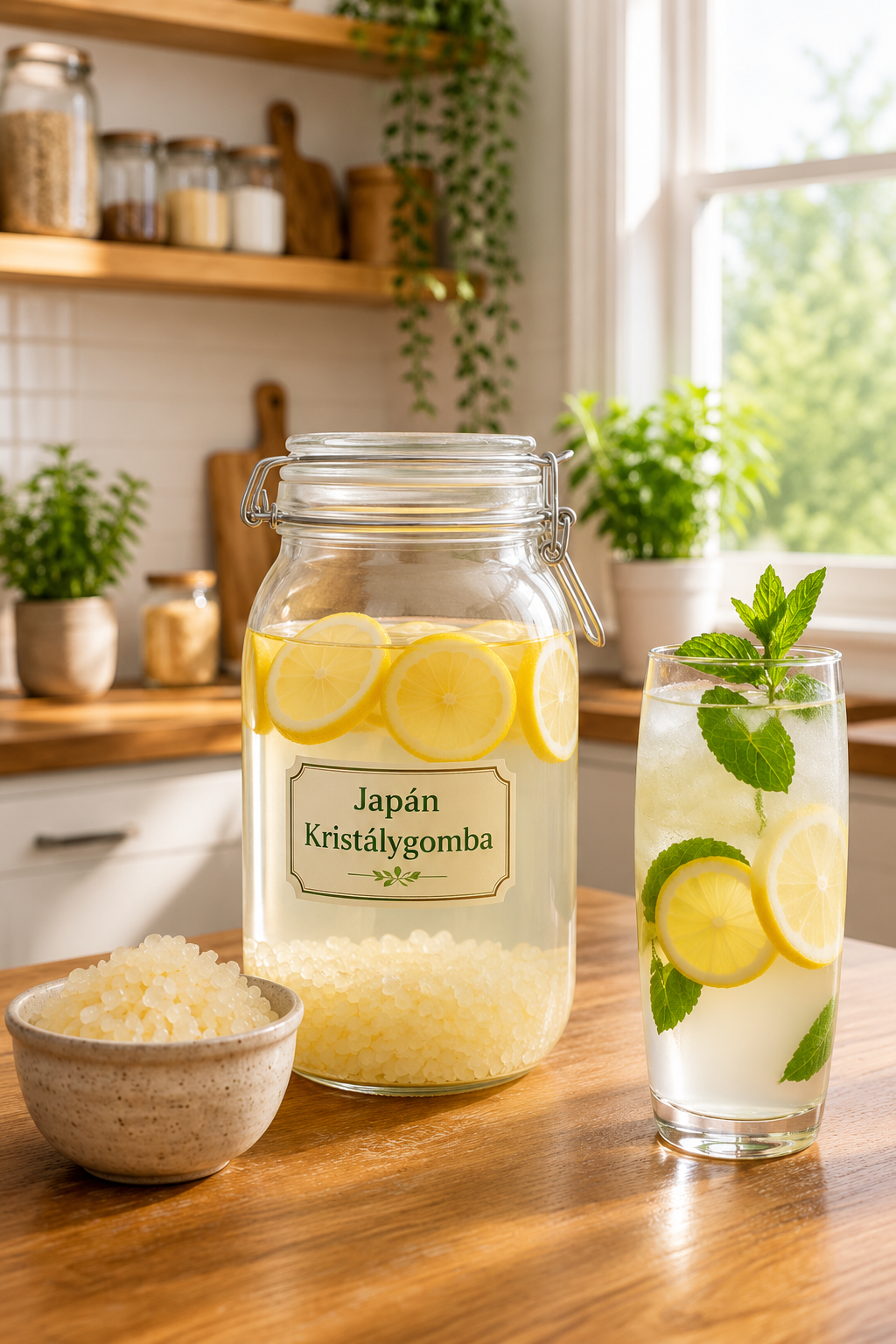 Japanese Crystal Mushroom in a jar with water, lemon and mint, next to a finished drink in a glass